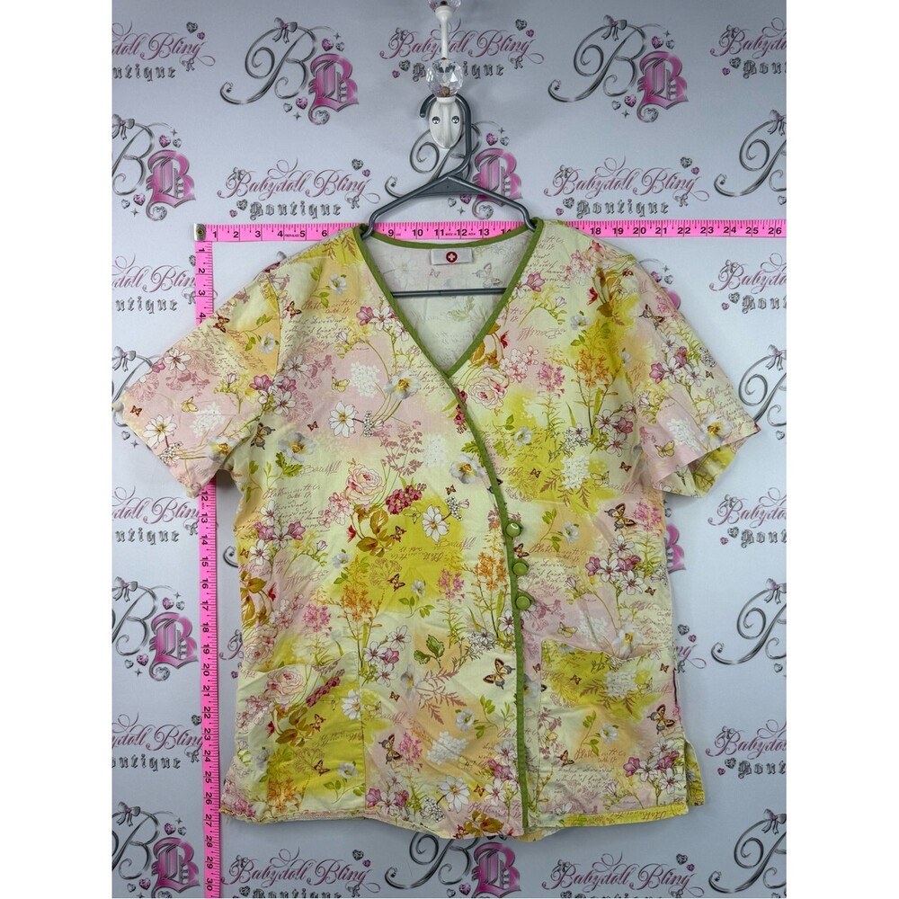 White Cross scrubs top butterfly Floral Print V-Neck Scrub Top in Yellow Pink